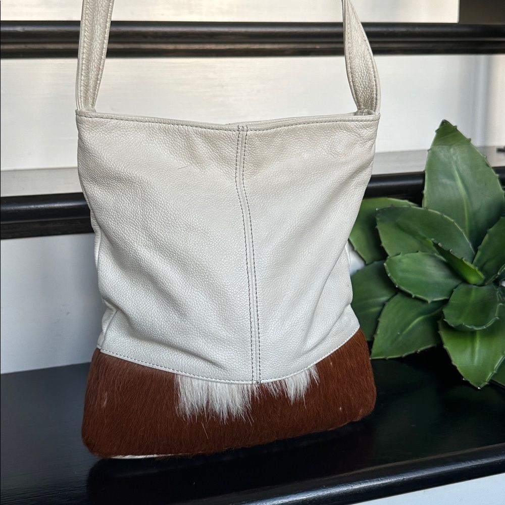 White Leather and Brown Haircalf Shoulder Bag